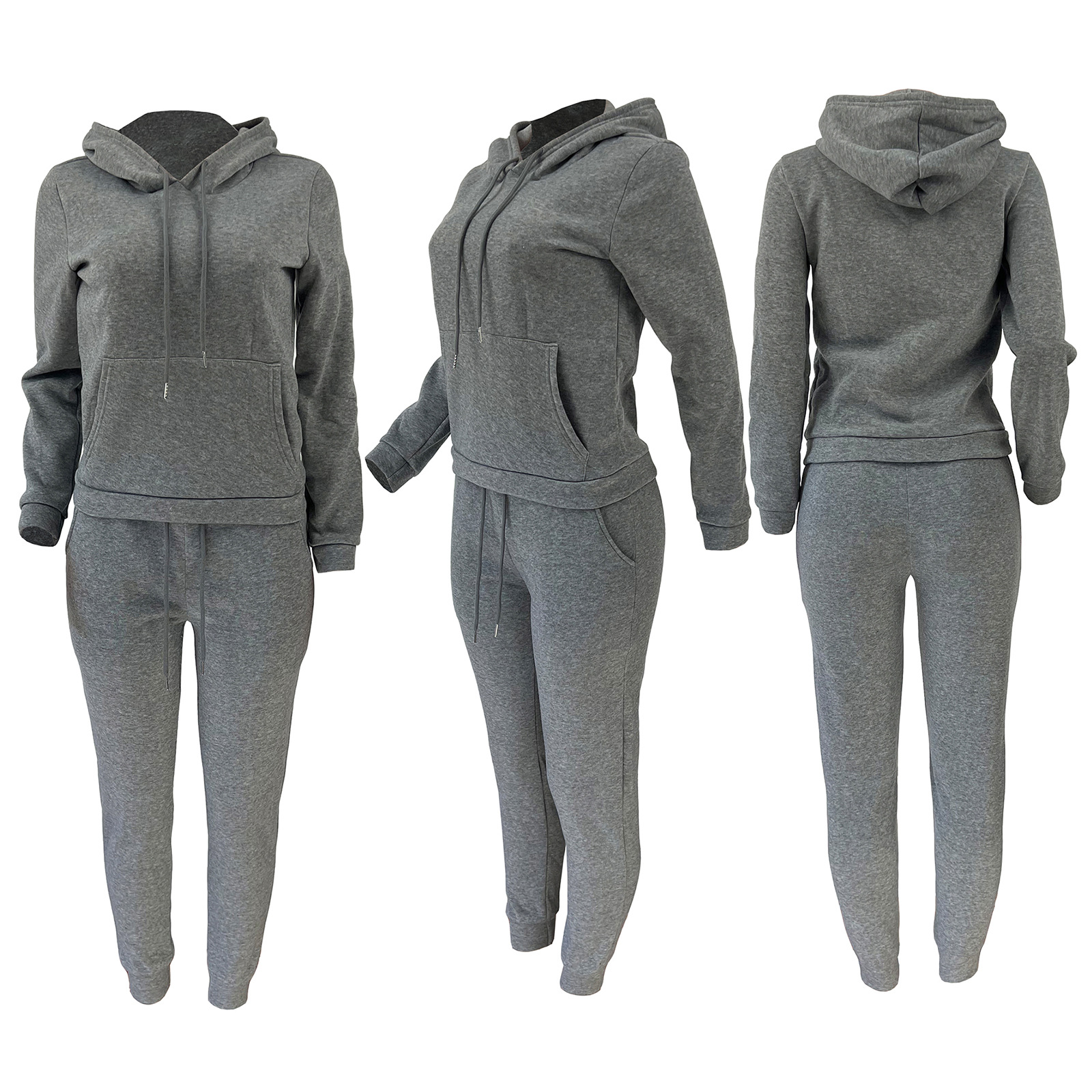 HR8197 European and American women's clothing  independent station supply autumn and winter plus velvet drawstring hooded two-piece set_voghion.com