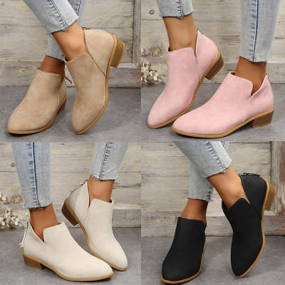 Cross-border Foreign Trade Flat Bottom Large Size Short Boots Women's Pointed Thick Heel Back Zipper Suede Ankle Boots Women's Martin Boots