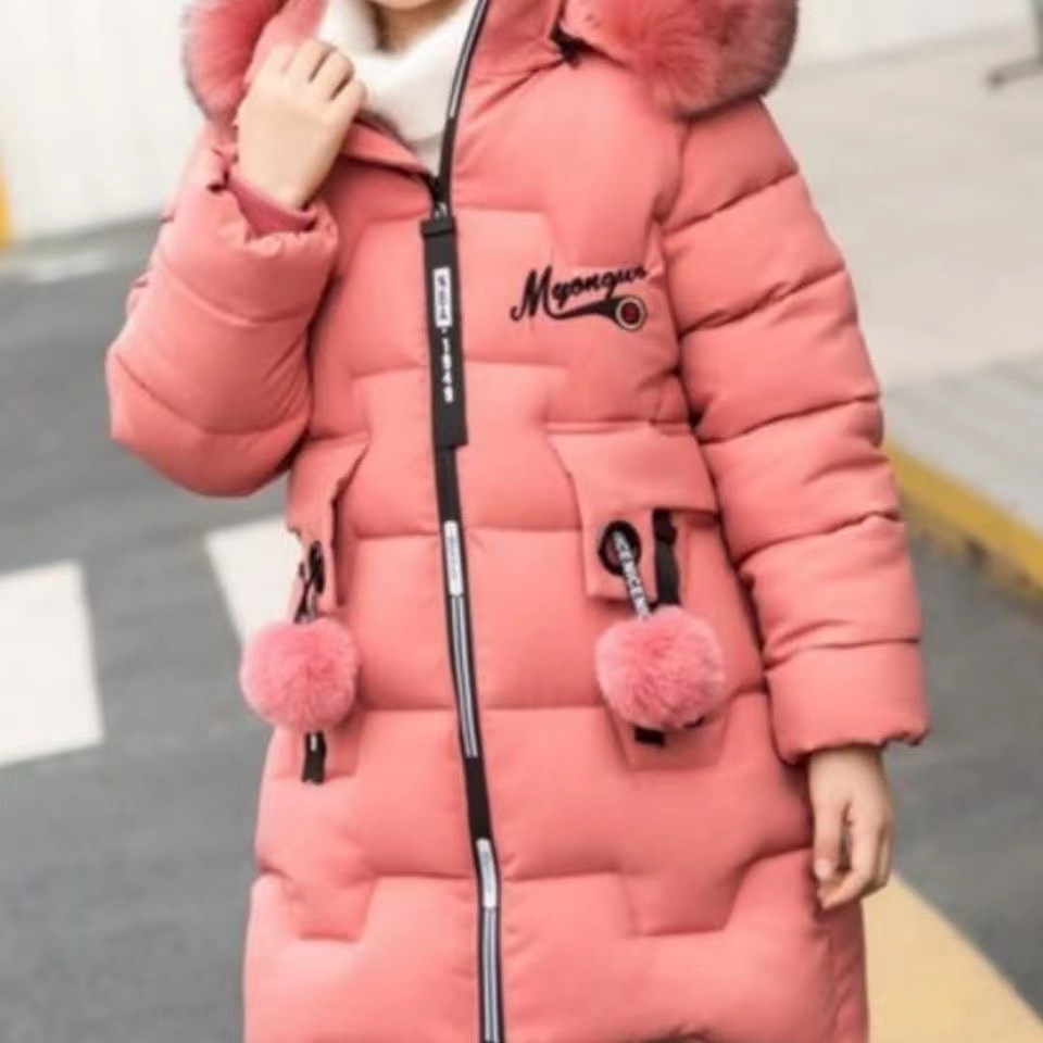 Winter New Girls' Cotton-padded Clothes European and American Middle and Big Children's Thickened Fleece-Lined Children's Mid-Length Waist Wool Collar Cotton-padded Coat