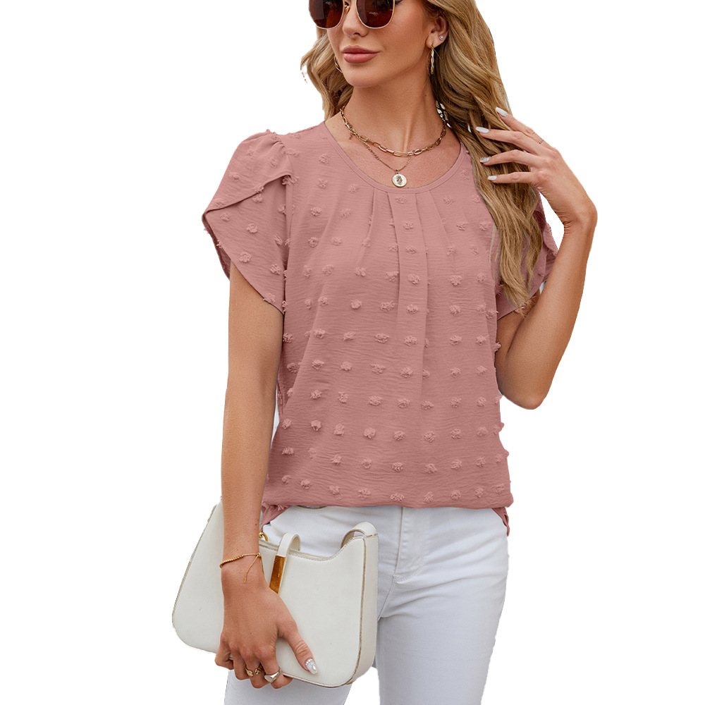 Amazon 2024 European and American cross-border foreign trade summer jacquard round neck petal sleeve solid color fur ball chiffon shirt top