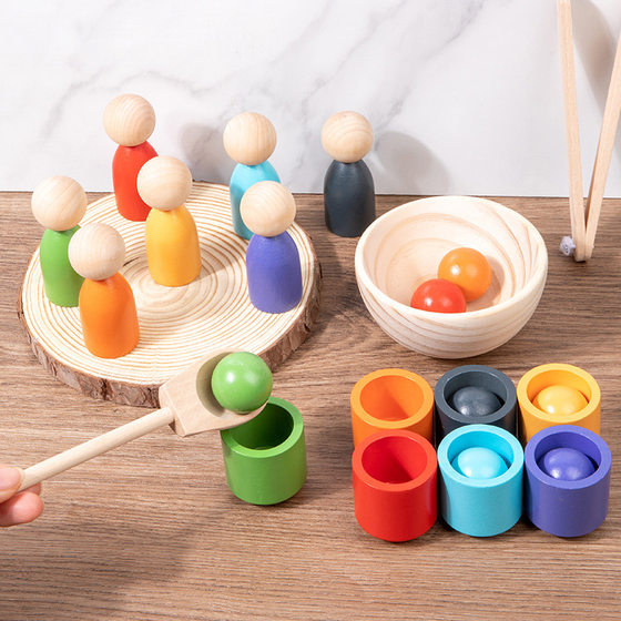 Children's Early Education Montessori Wooden Seven-color Ball and Cup Color Classification Cognitive Matching Pair-clip Bead Educational Toys