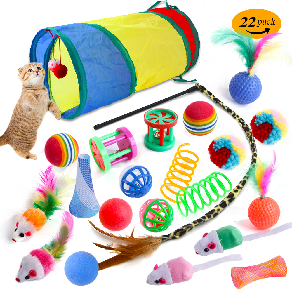 Cross-border New Pet Cat Toy Bell Ball Feather Cat Teaser Plush Mouse Spring Cat Tunnel 22 Pieces Set