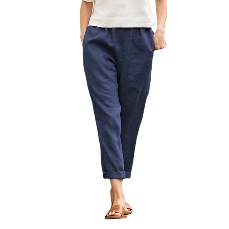 2023wish European and American Foreign Trade Women's Women's Big Pocket Solid Color Comfortable Cotton and Linen Casual Pants Straight Pants Women