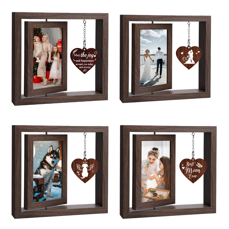 Cross-border retro creative double-sided rotating photo frame 6-inch wooden frame decoration Mother's Day Christmas New Year gift