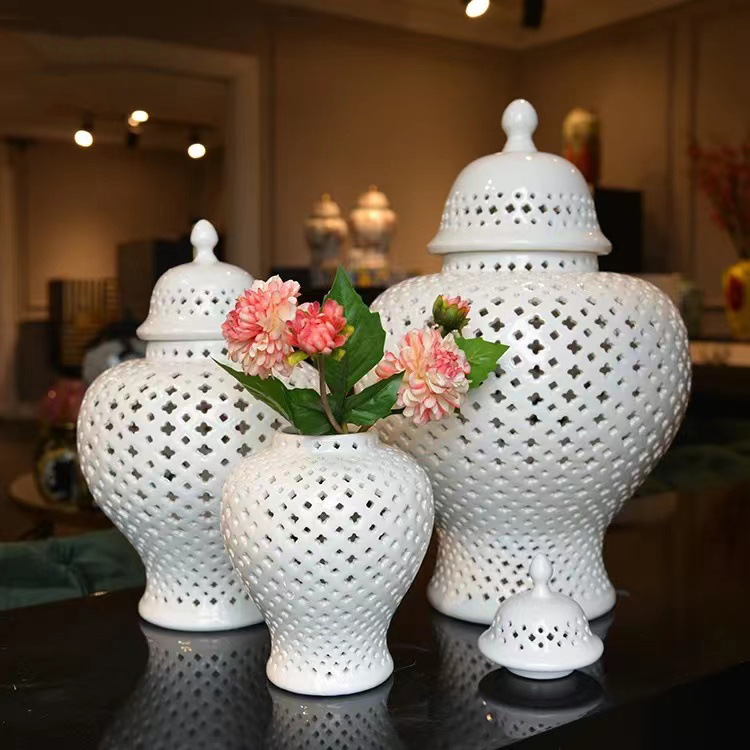 Classical Light Luxury Ceramic Carved Hollow General Jar Home Decoration Living Room Office Decoration Storage Crafts