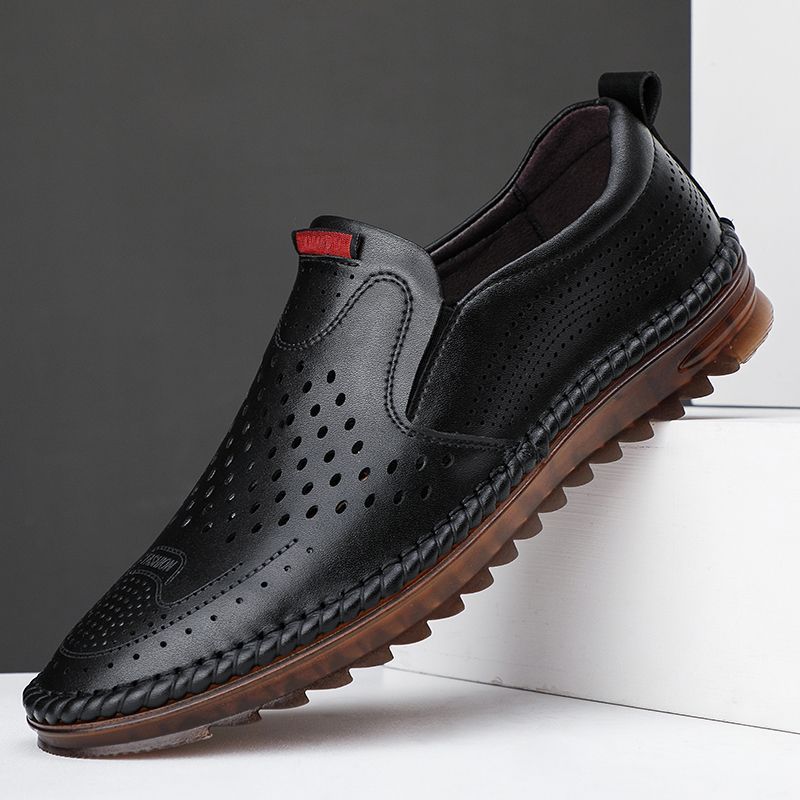 Summer Men's Sandals Hollow Hole Mesh Breathable Work Slip-on No Shoelaces Business Casual Leather Shoes