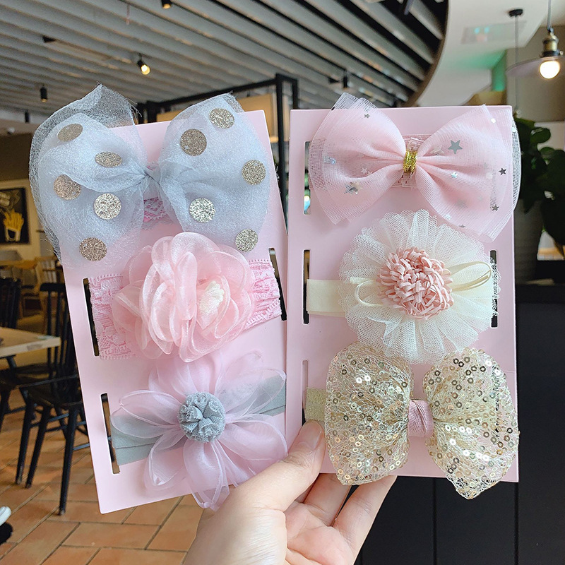 European and American bow flower hair band children's lace headdress flower hair accessories three-piece set baby baby hair accessories headband