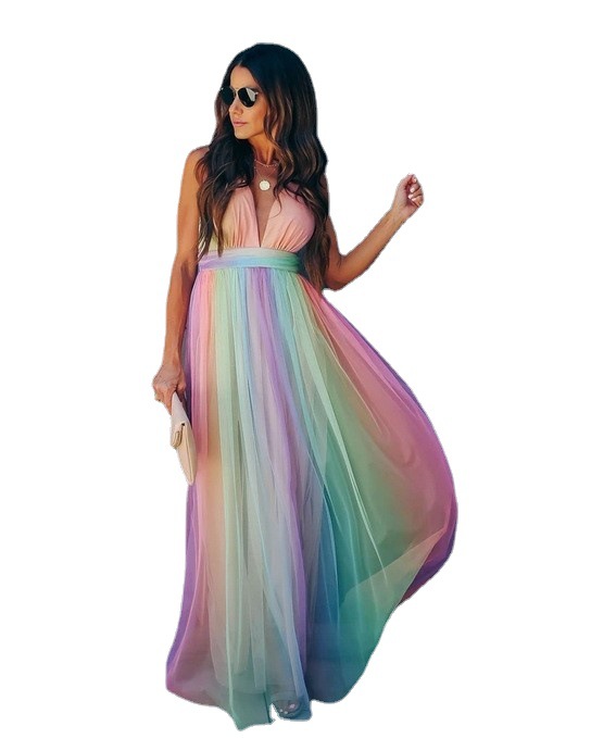 2022 Spring and Summer New European and American Cross-border Foreign Trade Women's Cross-border New Sling Sexy Deep V Rainbow Mesh Sling Dress