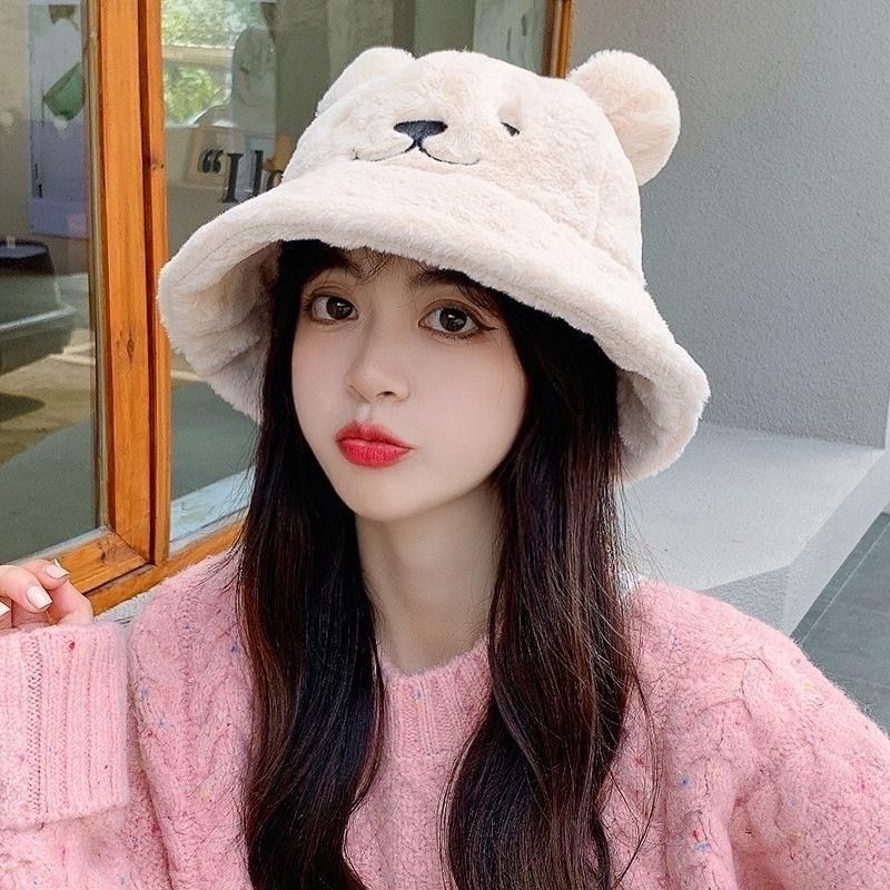 Autumn and Winter new hat female cute bear cartoon face-looking small fisherman hat versatile warm earmuffs plush basin hat