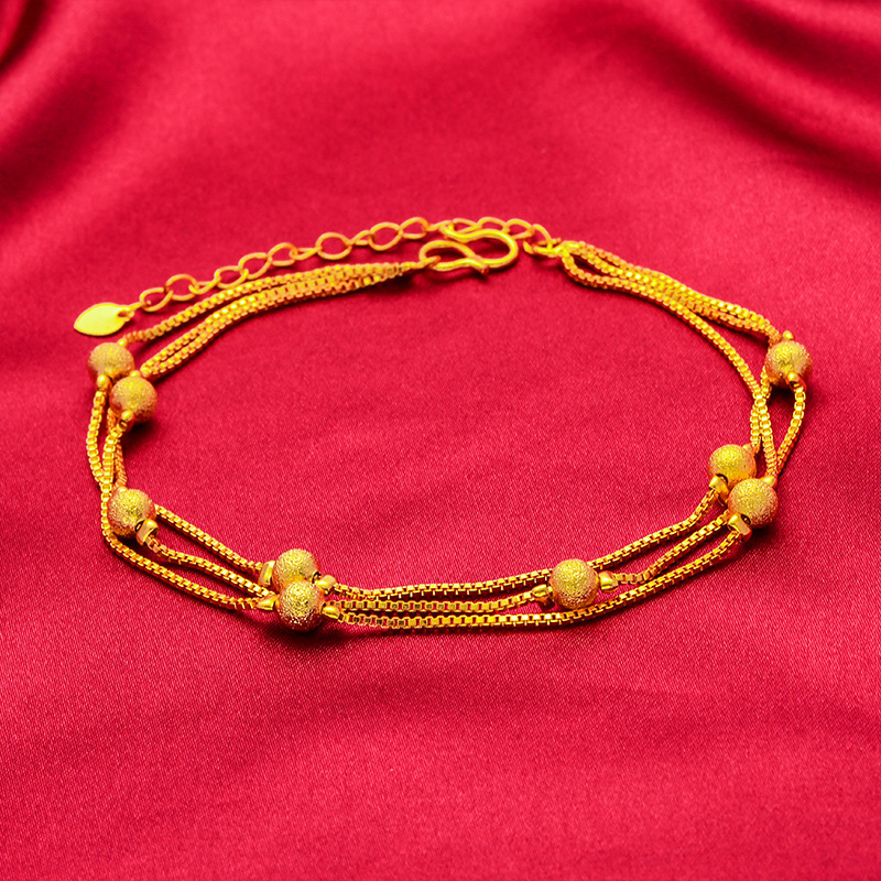 New Imitation 18K Bag Gold Anklet Women's Fashion Korean Style Jewelry Sweet Three-Layer Frosted Beads Sand Gold Distinctive Foot Jewelry