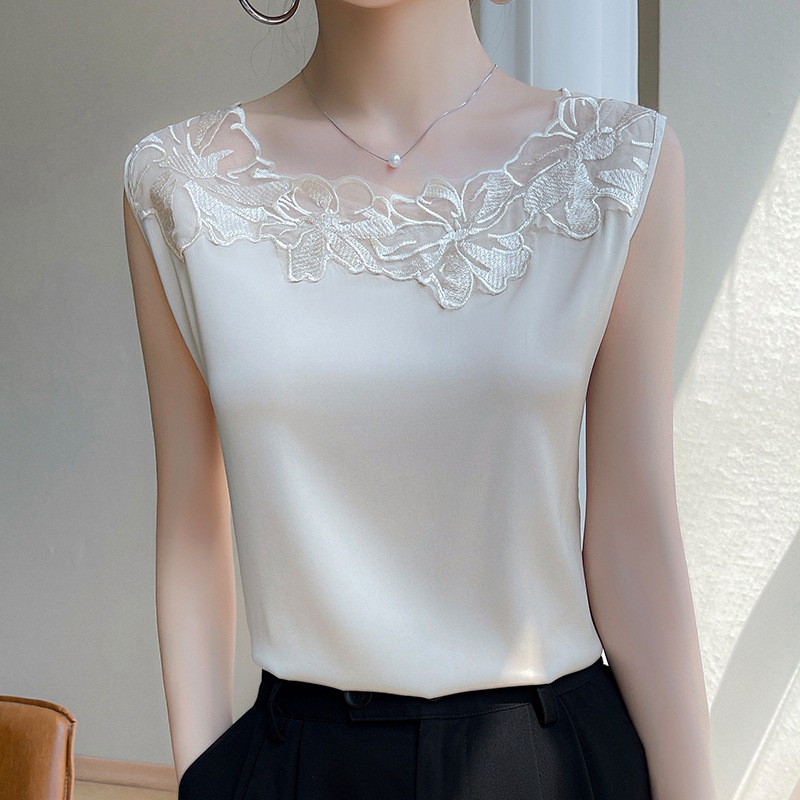 Silk Satin 2024 Spring and Summer New Women's Round Neck Sleeveless Vest T-shirt Mesh Stitching Top All-match Base Shirt