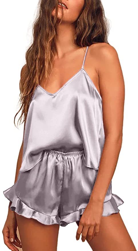 Women's Silk Pajamas Solid Color V-neck Sling Shorts Two-piece Pajamas Sexy Fashion Home Clothes Set