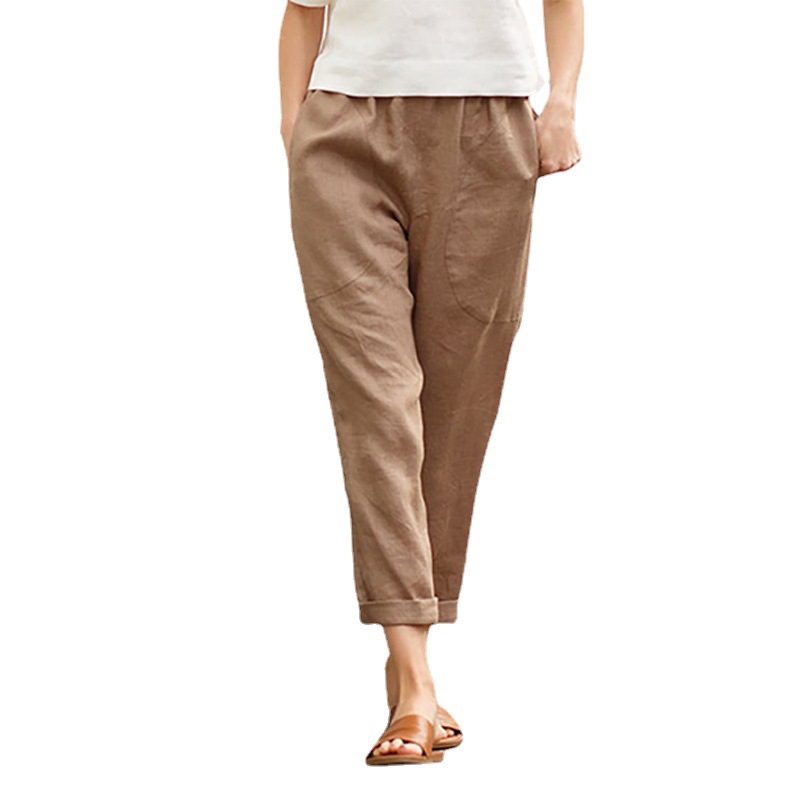2023wish European and American Foreign Trade Women's Women's Big Pocket Solid Color Comfortable Cotton and Linen Casual Pants Straight Pants Women