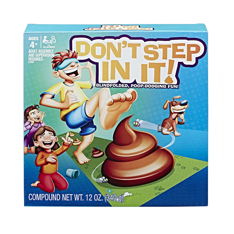Don't step in it, don't get dog shit luck, blindfolded dung game toy.
