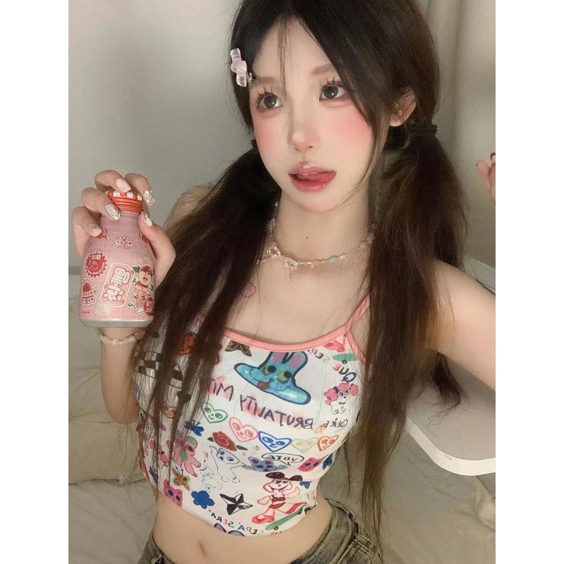 American graffiti dopamine suspender vest for women with summer niche design short style outside wearing sweet hot girl top