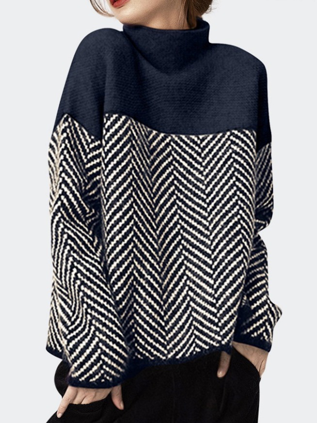 French design sense niche pullover popular sweater turtleneck loose all-match striped lazy style thickened sweater for women