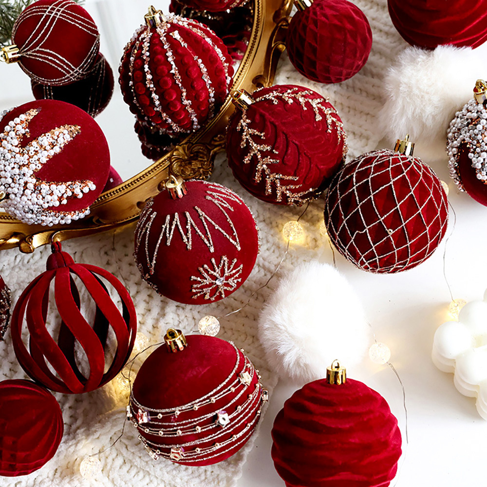 Christmas tree decorative ball Christmas painted ball flocking dark red Christmas ball Pearl DIY hanging decoration scene layout_voghion.com