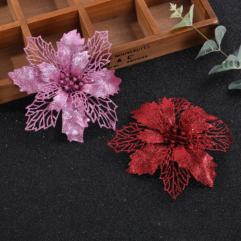 Christmas Gold pink flower hollow gold pink Christmas flower large artificial flower Christmas tree decoration supplies cross-border exclusive_voghion.com