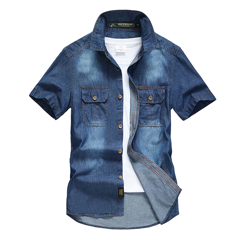 Cross-border Amazon Summer Short-sleeved Denim Shirt Men's European Size Men's Workwear Short-sleeved Shirt Denim Clothes