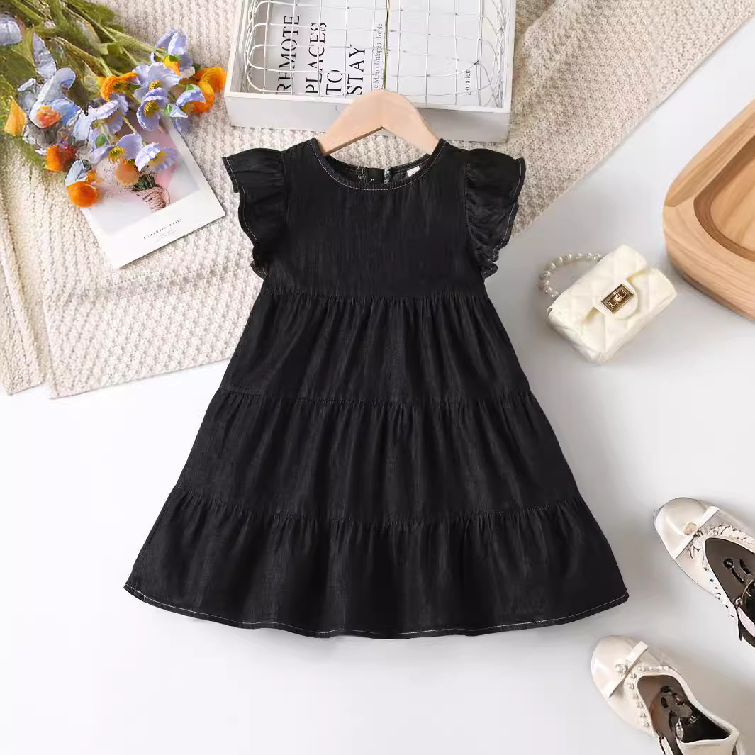 Children's Ruffled Denim Skirt 2024 New Girls' Dress Summer Korean Loose Round Neck Large Skirt Children's Wear