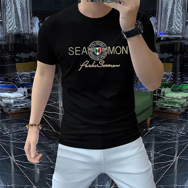 European high-end fashion brand short-sleeved T-shirt men's rhinestone letters summer new high-texture mercerized cotton light luxury men's clothing
