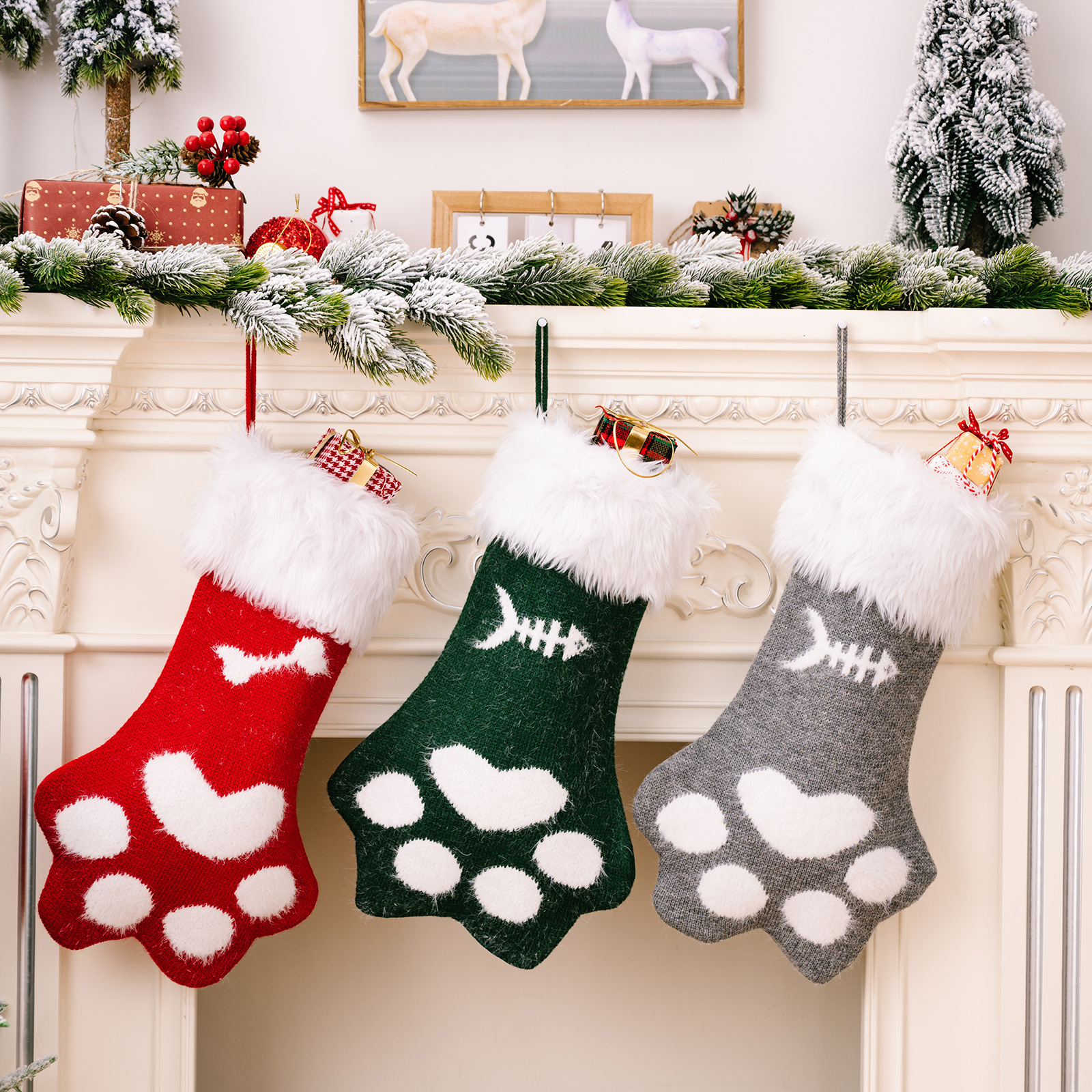 Noel süsleri peluş kedi pençesi Noel çorapları çocuk hediye çorapları Noel tatili atmosferi dekorasyonu_voghion.com