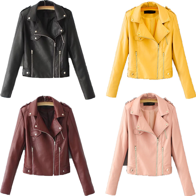 Factory Cross-border European Code New Spring and Autumn Women's Leather Jacket Slim-fit Thin Leather Jacket Women's Biker