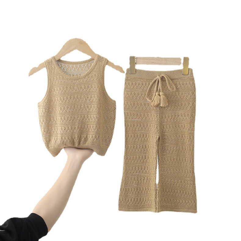 Children's clothing wholesale spring clothing ins children's clothing thin girls' knitwear baby hollow vest baby wide leg pants suit