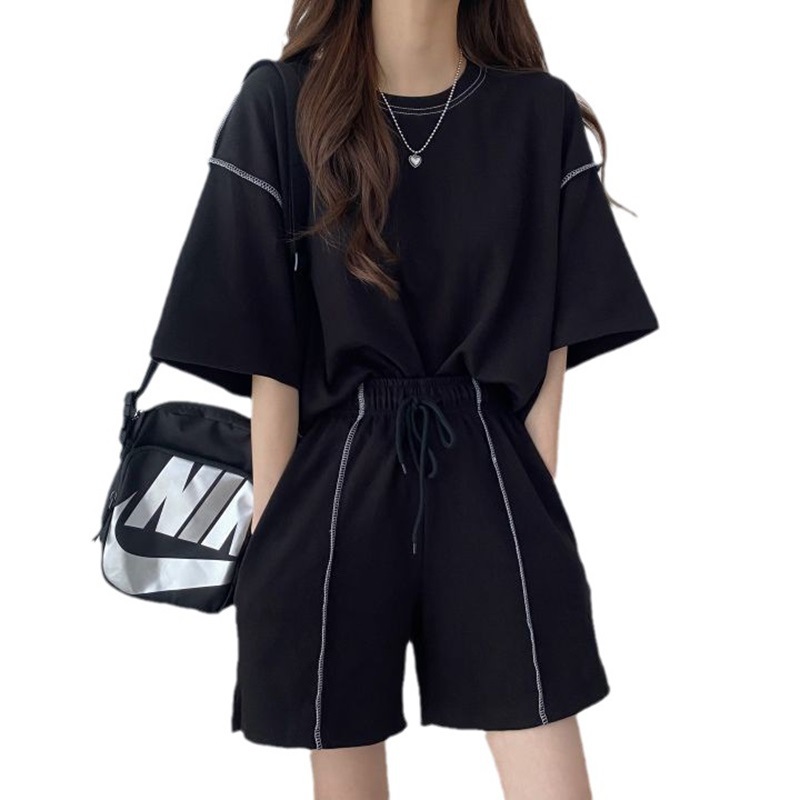 Cotton-inclusive set of women's short-sleeved shorts two-piece set of student couples Korean style summer fashion casual sportswear loose