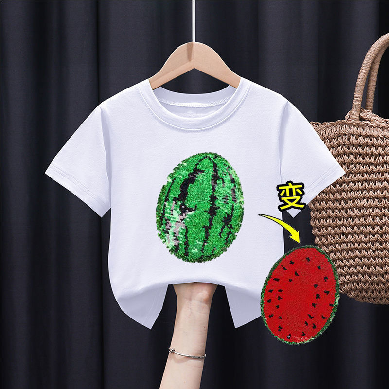 Children's Wear Children's Short-sleeved T-shirt Summer Fashion Brand Boys and Girls Cartoon Color-changing Sequin Half-sleeved Base T-shirt Top