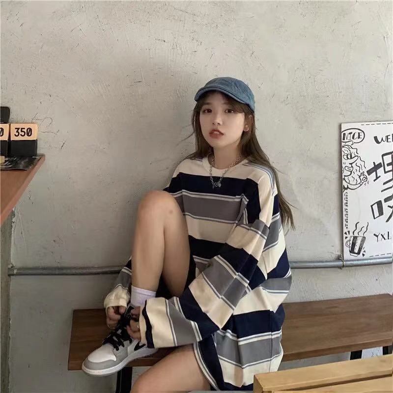 Thailand online celebrity T-shirt women's ins rainbow striped long-sleeved top 2020 Autumn Korean style loose foreign trade bottoming shirt