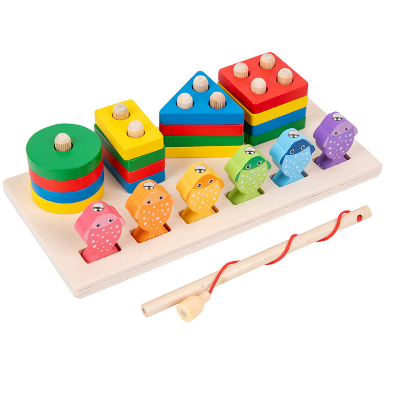 Two-in-One Three-Dimensional Magnetic Fishing Set Column Building Blocks Children's Montessori Shape Cognitive Matching Early Education Wooden Toys