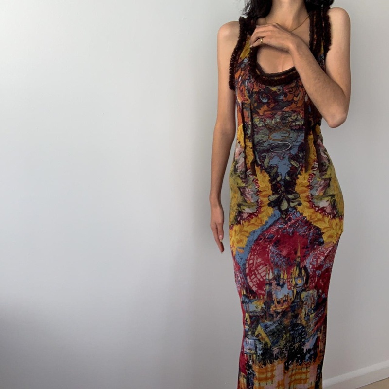 ins European and American Women's 2023 Summer New Fashion Vintage Tie-Dye Printed Sexy U-Neck Slim-Fit Dress Long Dress