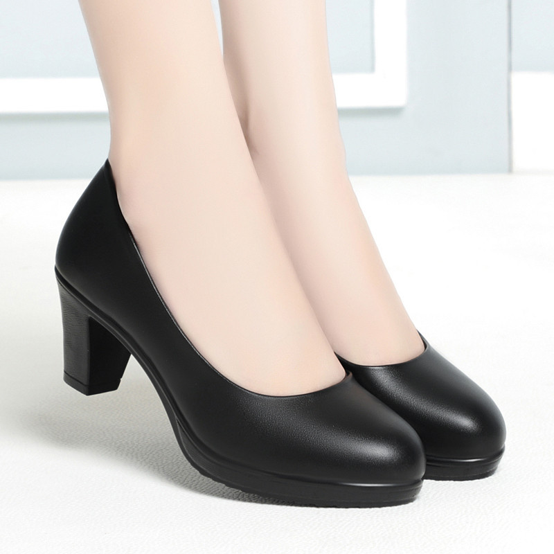 Model Cheongsam Special Show High Heels Women's Waterproof Platform Thick Heel Round Toe Shoes Black Work Shoes Women's Leather Shoes