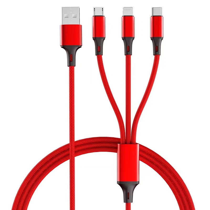 Nylon woven one drag three data line multi-head 2A fast charging three-in-one mobile phone charging line logo small gifts wholesale