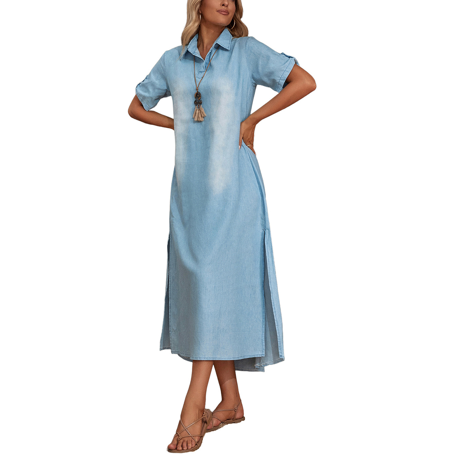 2023 Cross-border Foreign Trade Amazon Independent Station Loose Short-sleeved Light-colored Women's Denim Dress