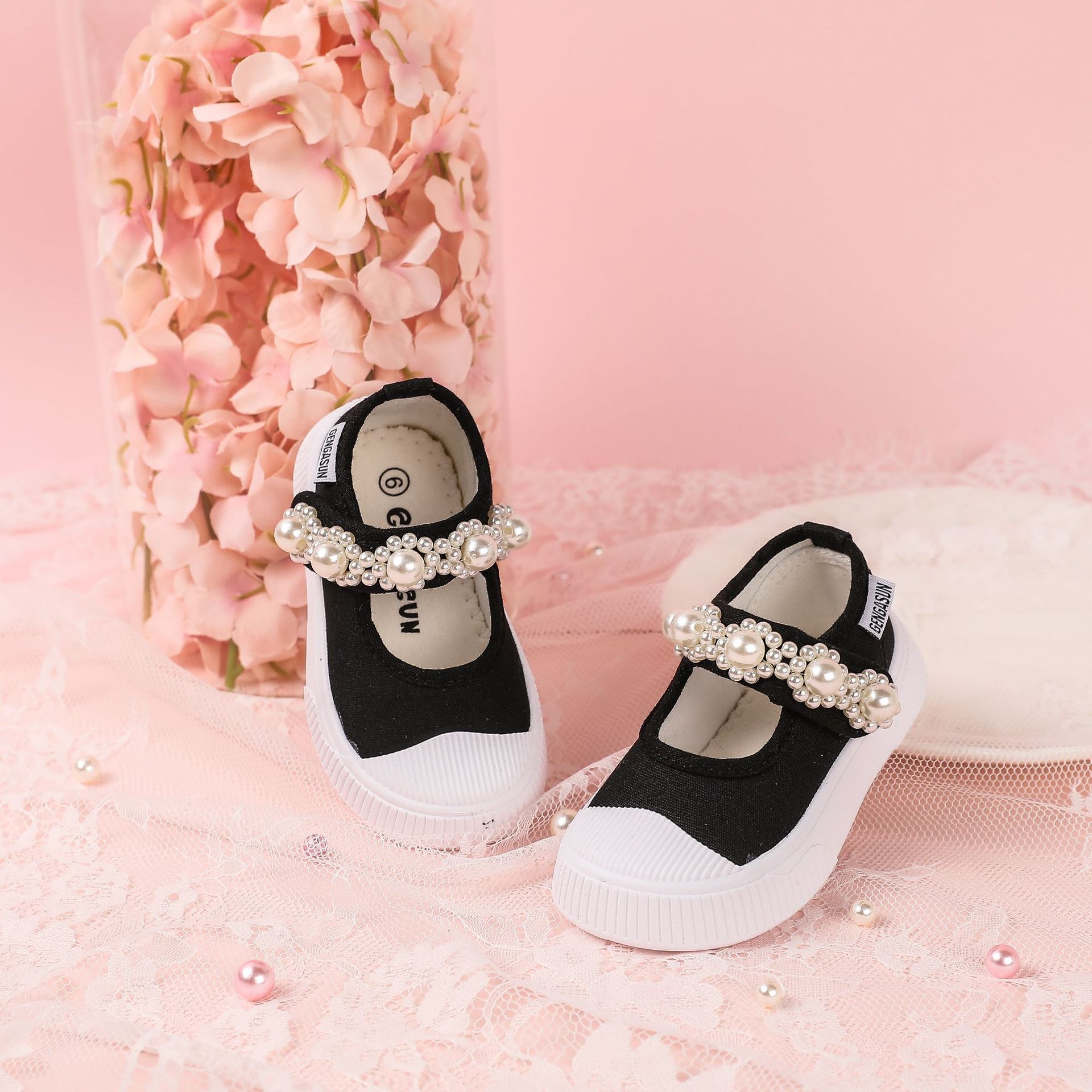 Children's Canvas Shoes European and American Pearl Princess Shoes Student Casual Biscuit Shoes Velcro Platform Mary Jane Women's Shoes