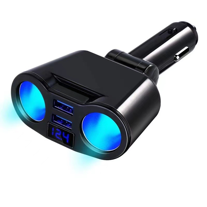 Car cigarette lighter dual USB in-line car charger digital display one-on-two folding car power distributor
