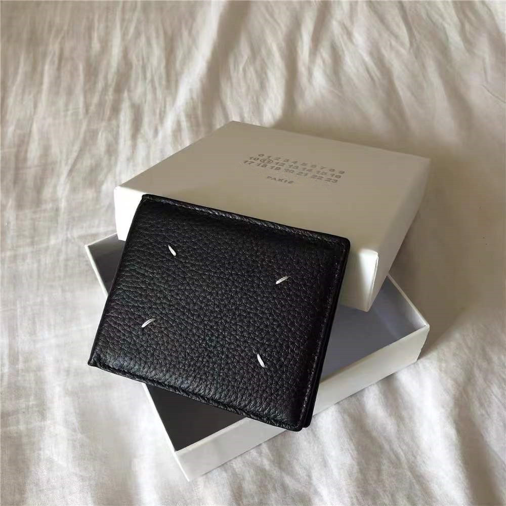 MMM European and American style four-point stitch multi-card litchi pattern top layer cowhide wallet for men and women personality wallet card bag