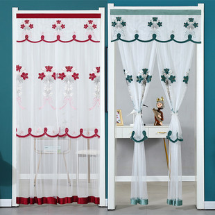 Door Curtain Lily Embroidered Double-layer Yarn Anti-mosquito Silent Curtain Yarn Curtain Embroidered Curtain Bedroom Living Room Partition Decoration