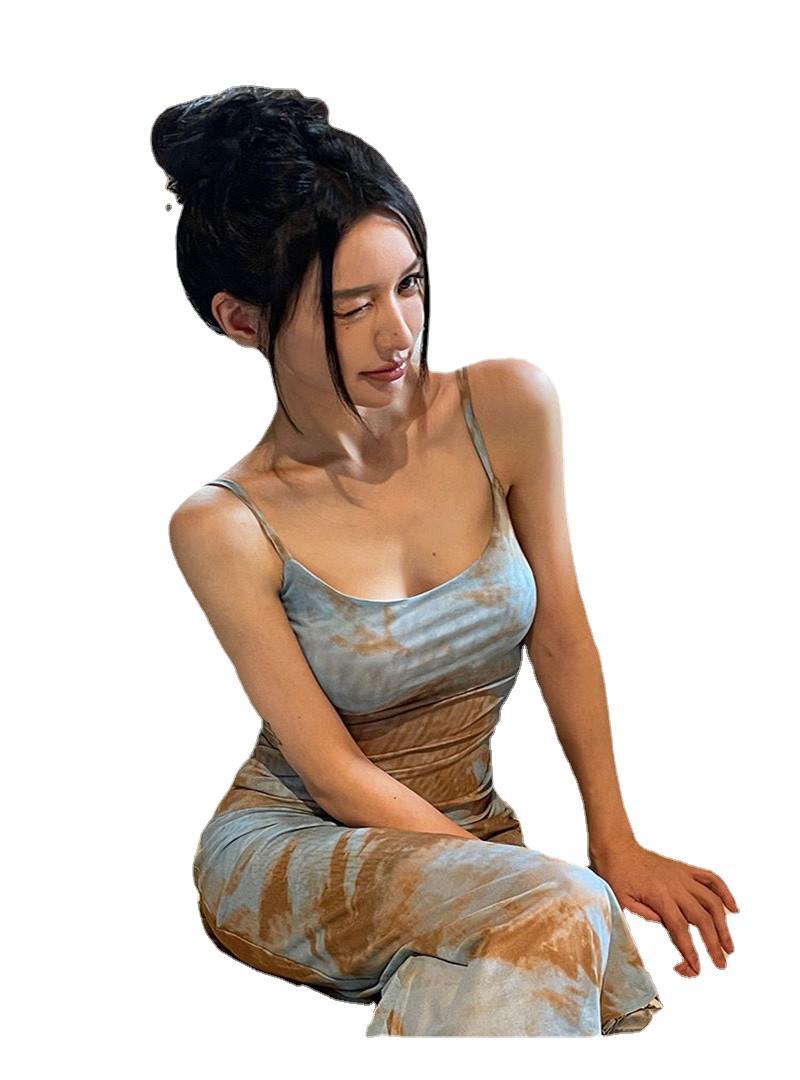 Blue Sling Spice Girl Dress Women's Summer New Tie-Dye Sexy Style Design Split Hip Long Dress