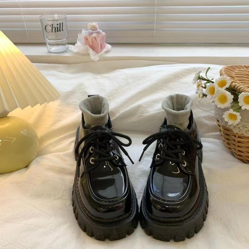 British style leather shoes for women new spring and autumn thick bottom versatile jk single-layer shoes with skirt loafers retro black lace-up