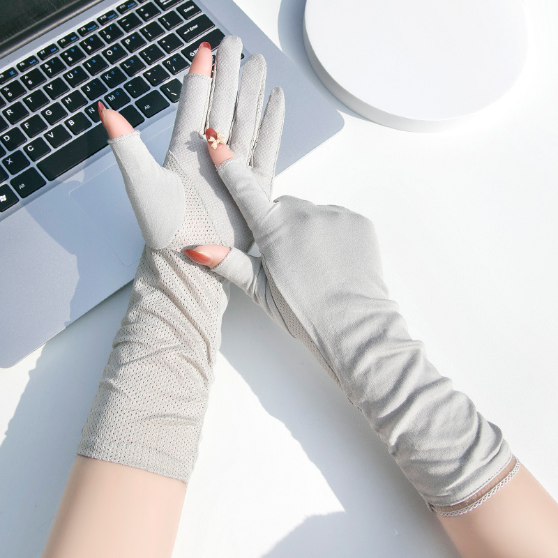 Sunscreen Gloves Women's Mid-Length Summer Thin Driving Ride Tea Picking Nail Art Non-Slip Cotton Breathable Open Fingers Spring and Autumn Half Finge_voghion.com