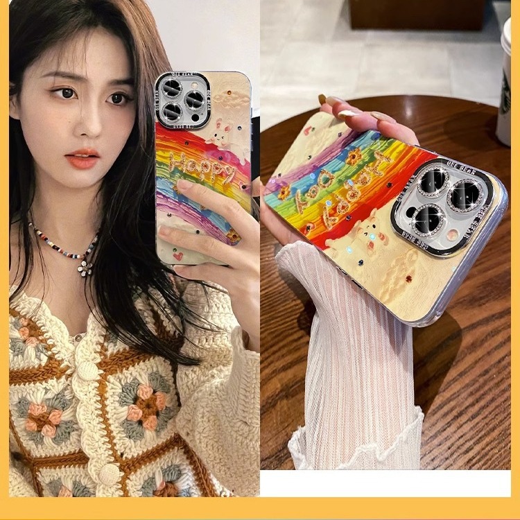 奢華水鑽彩虹happy適用iPhone15pro手機殼蘋果14防摔13網紅女12軟