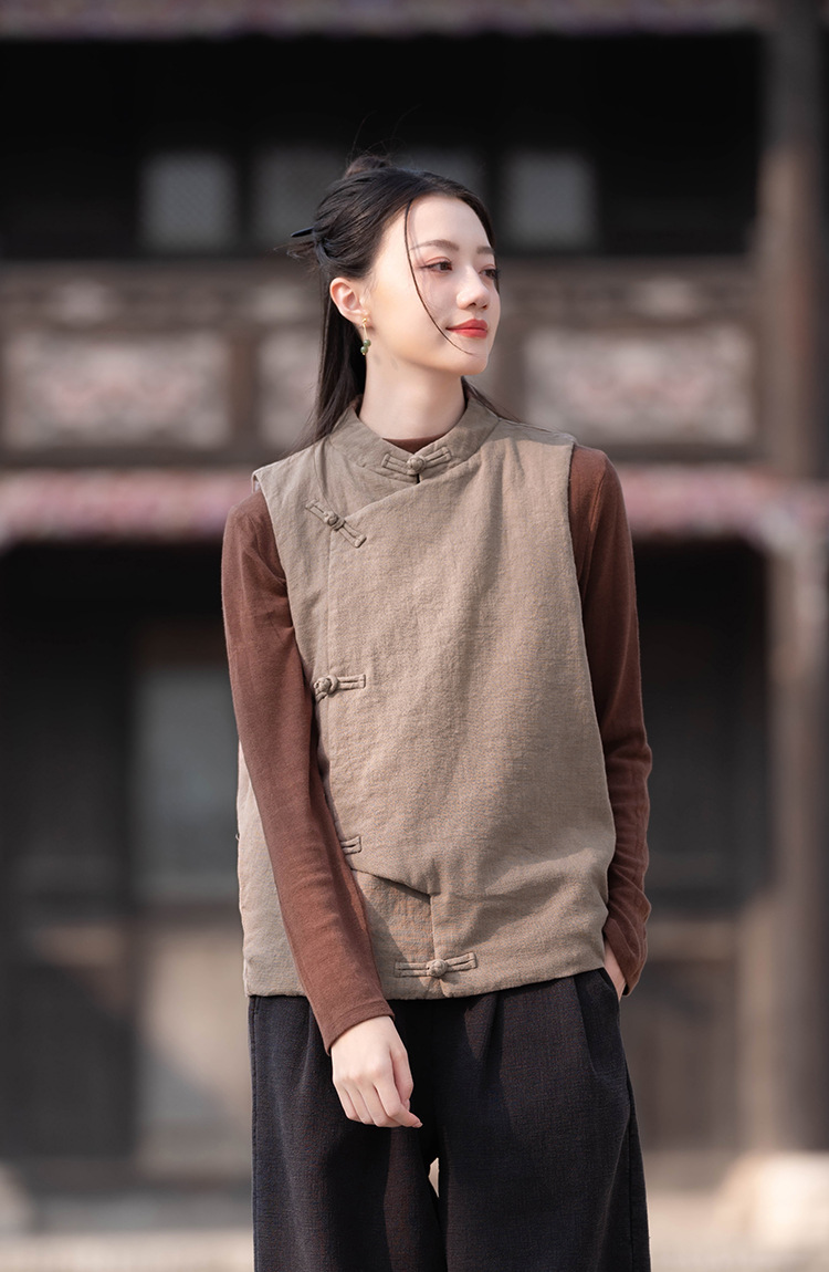 23 cotton and linen women's clothing New National style vintage buckle cotton vest top women's sand wash linen quilted warm vest_voghion.com
