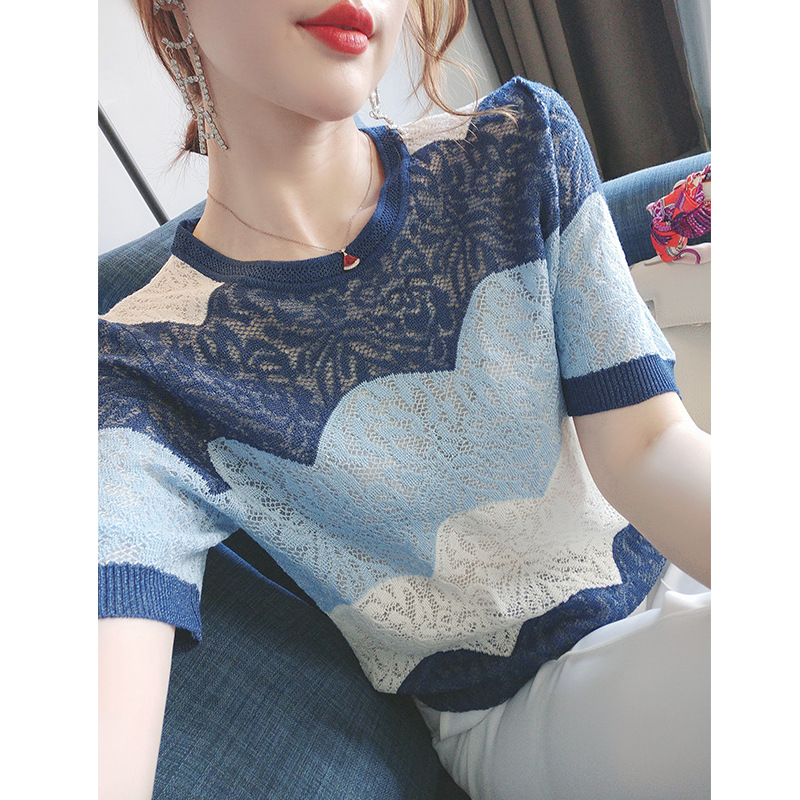 Fixed dye loose fog Blue, foreign style and white 2023 Summer new short sleeve hollow ice silk knitted sweater T-shirt Women