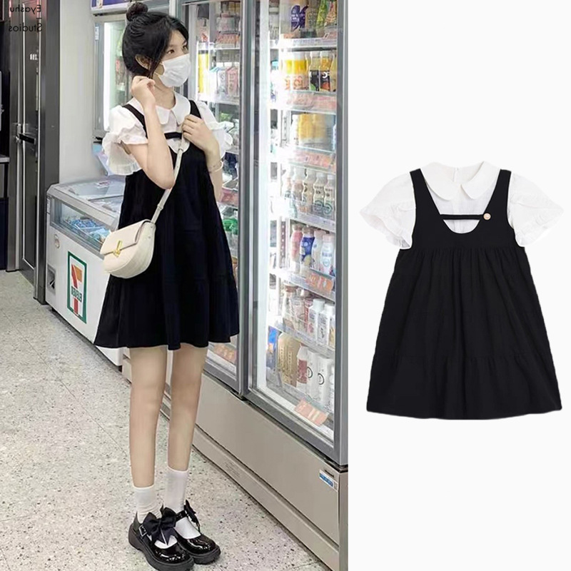 College Style Strap Dress Women's High-end Sweet Fresh Doll Collar First Love Little Man Black Dress for Summer