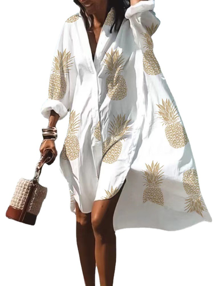 9392 Amazon Foreign Trade Fashion Women's Loose New Digital Printing Long Sleeve Lapel Shirt dress
