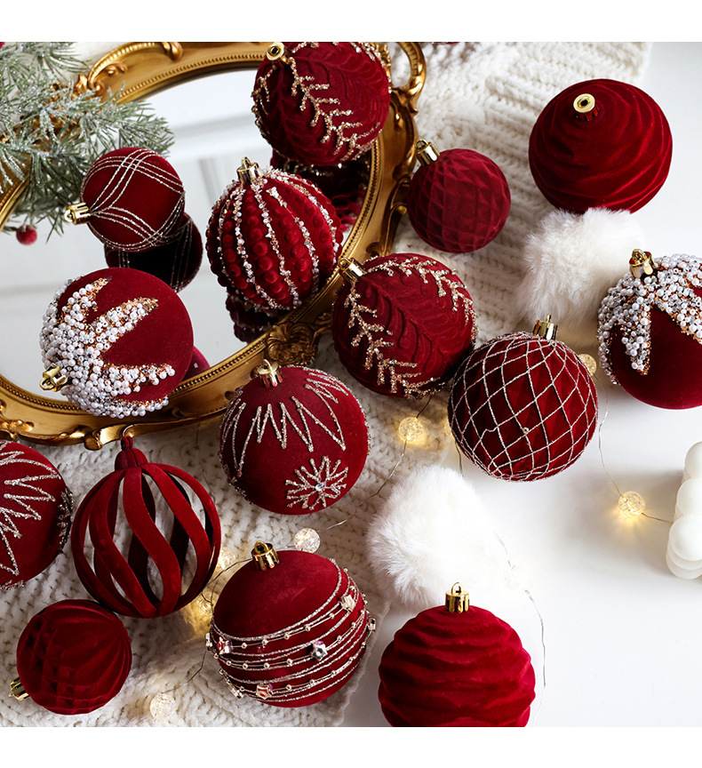 Christmas tree decorative ball Christmas painted ball flocking dark red Christmas ball Pearl DIY hanging decoration scene layout_voghion.com