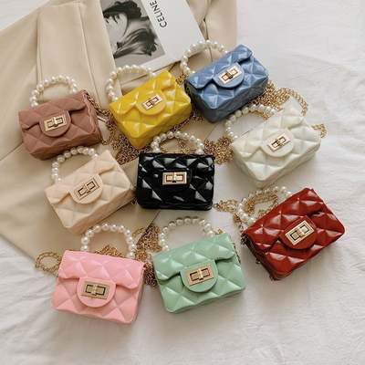 Children's Bag 2024 New Mini Jelly Bag Rhomboid Small Sachet Pearl Portable Shoulder Crossbody Chain Bag